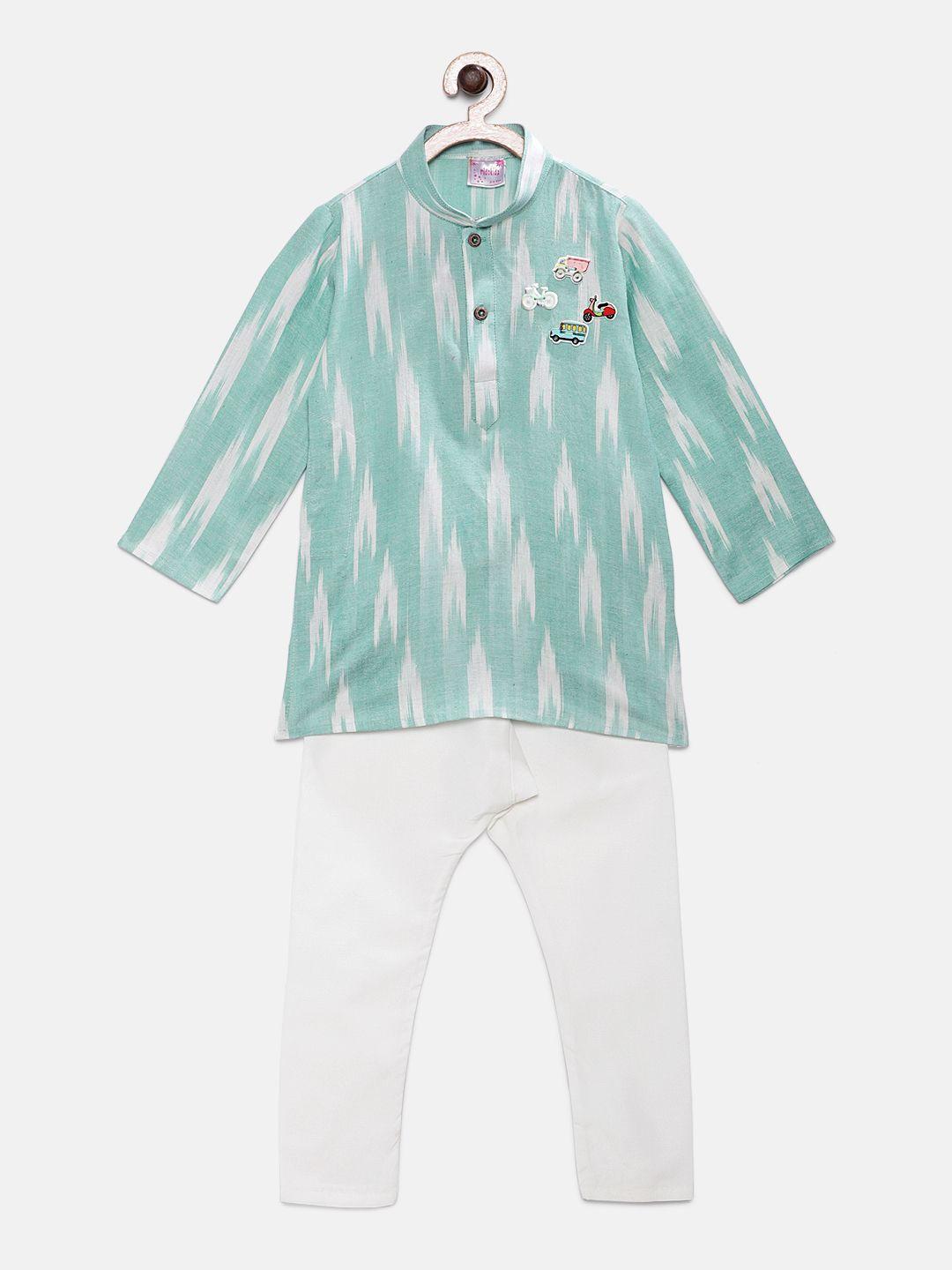 ridokidz boys sea green & white printed kurta with pyjamas