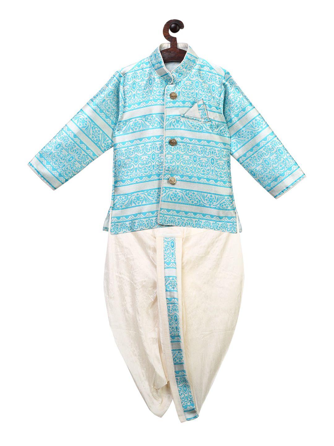 ridokidz boys turquoise blue & off-white self design kurta with dhoti pants