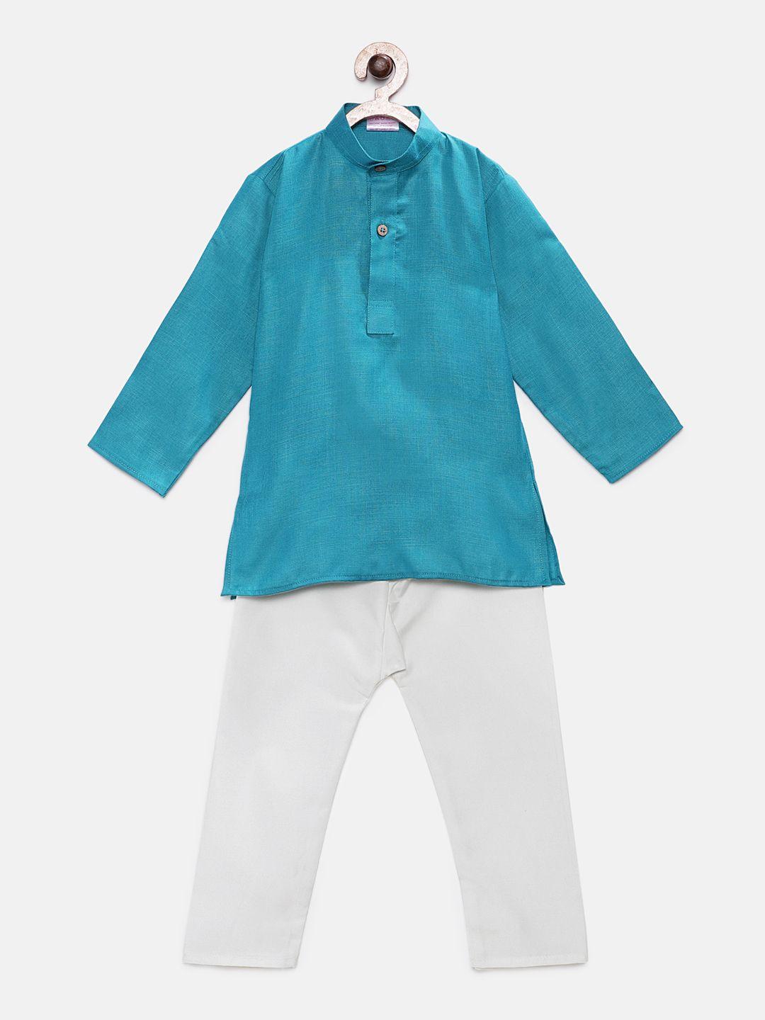 ridokidz boys turquoise blue & white solid kurta with pyjamas