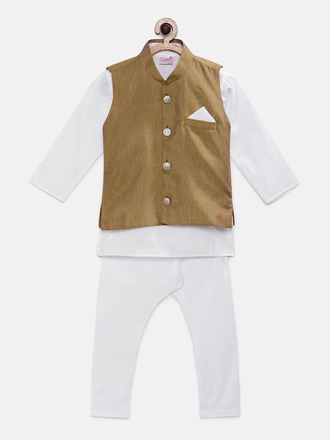 ridokidz boys white & green solid kurta with pyjamas & nehru jacket
