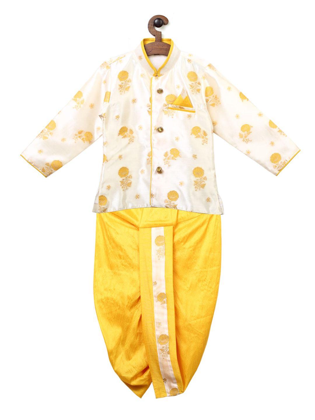 ridokidz boys white & yellow woven design kurti with dhoti pants