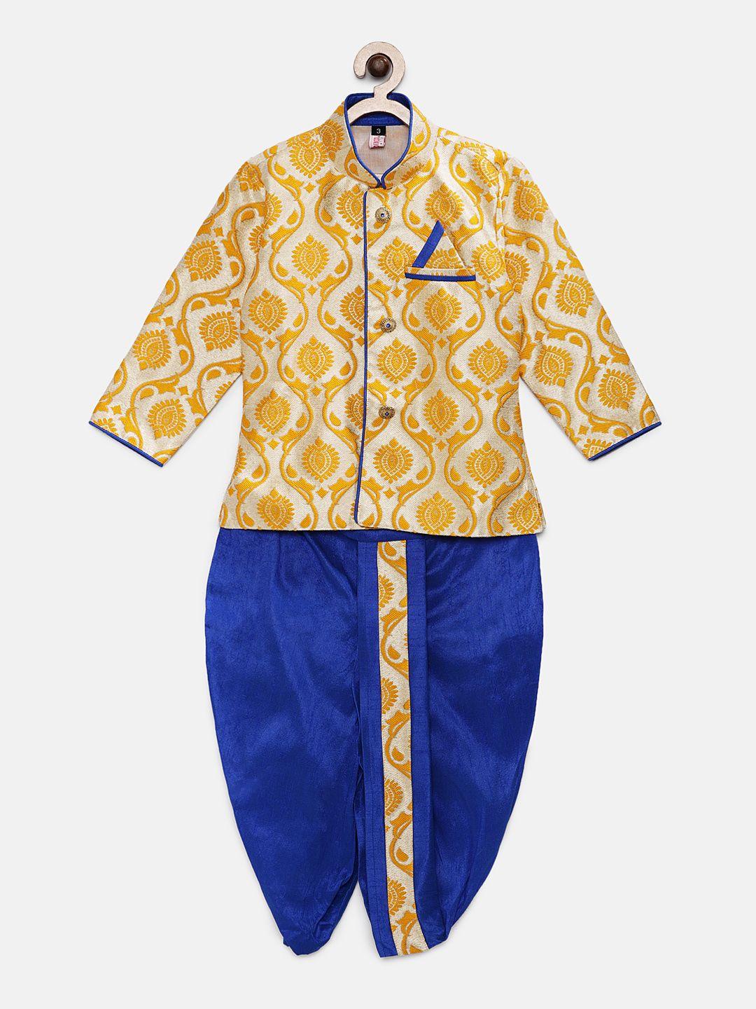 ridokidz boys yellow & blue woven design kurta with dhoti pants