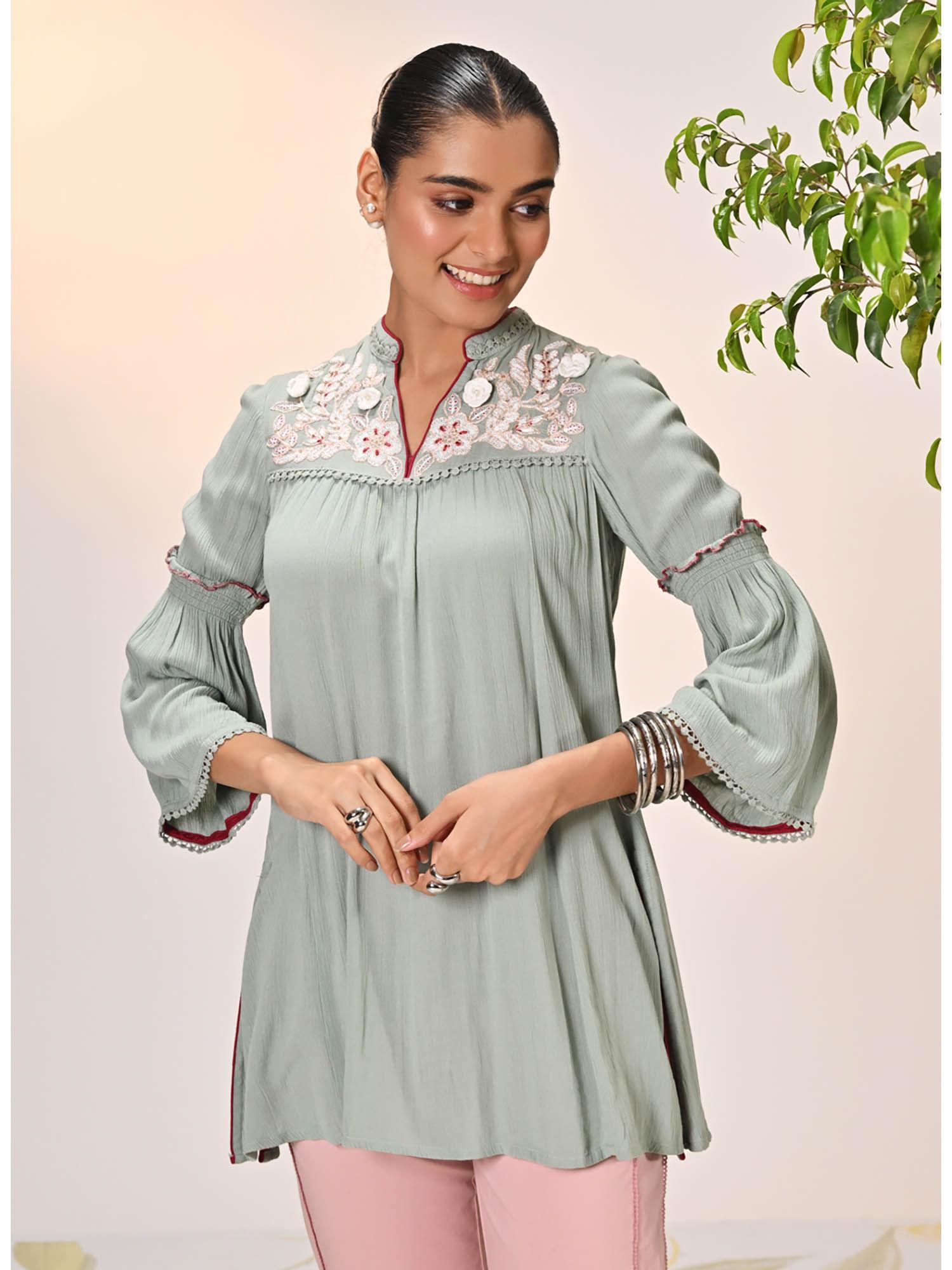 rifa basil green embroidered crinkled crepe top for women