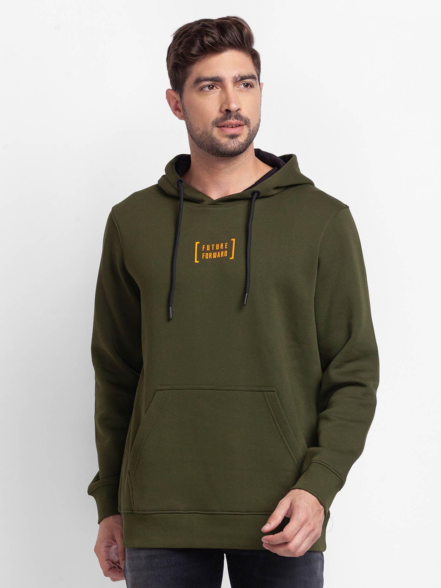 rifle green cotton full sleeve hooded sweatshirt for men