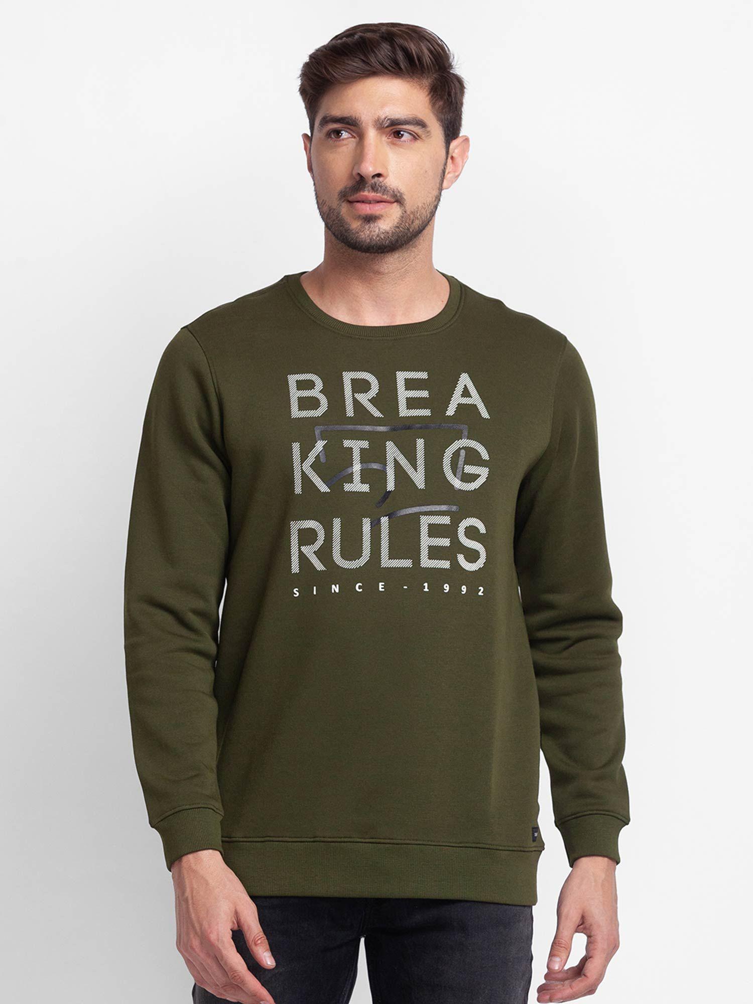 rifle green cotton full sleeve round neck sweatshirt for men