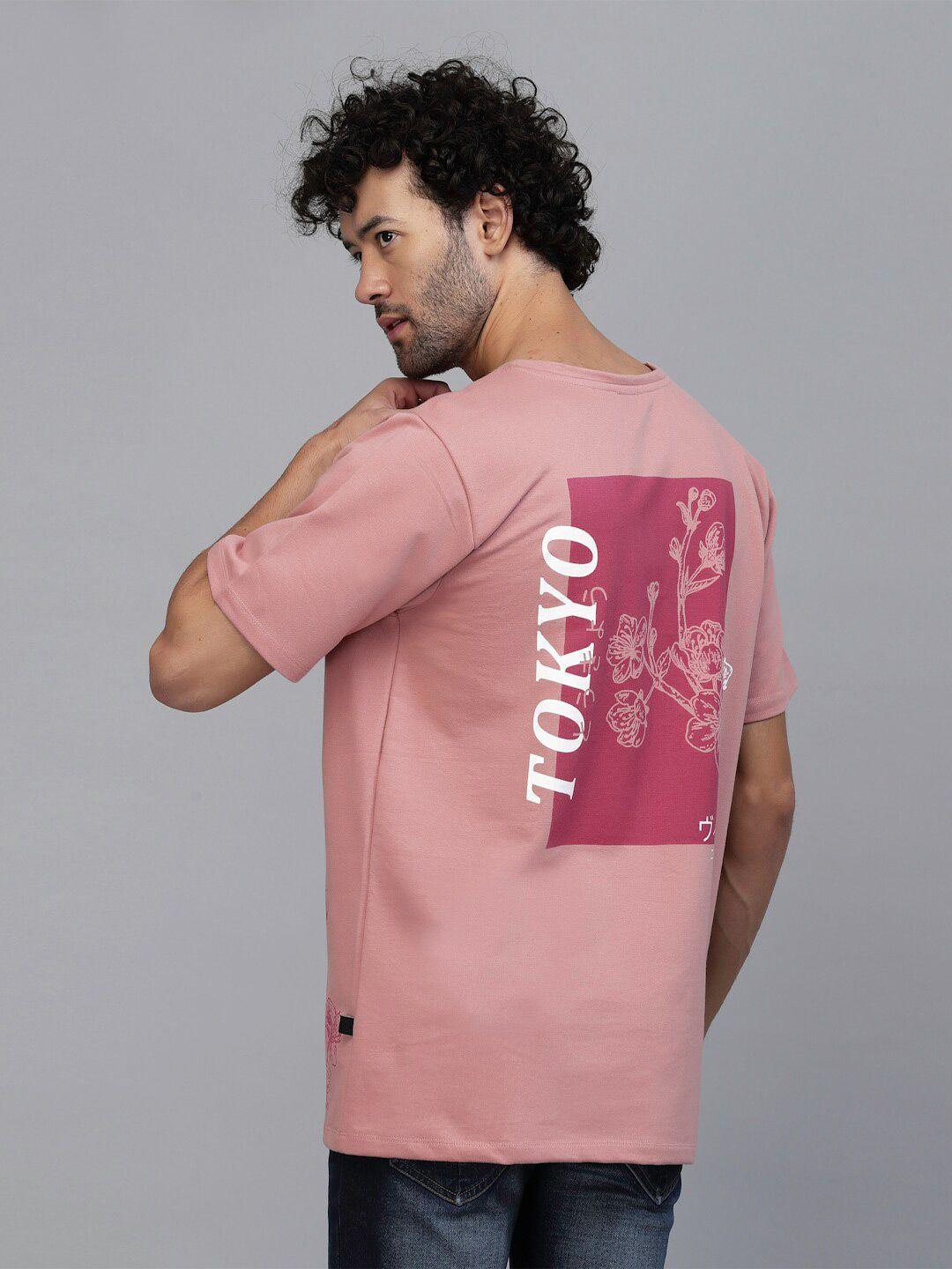 rigo men pink typography printed v-neck loose t-shirt