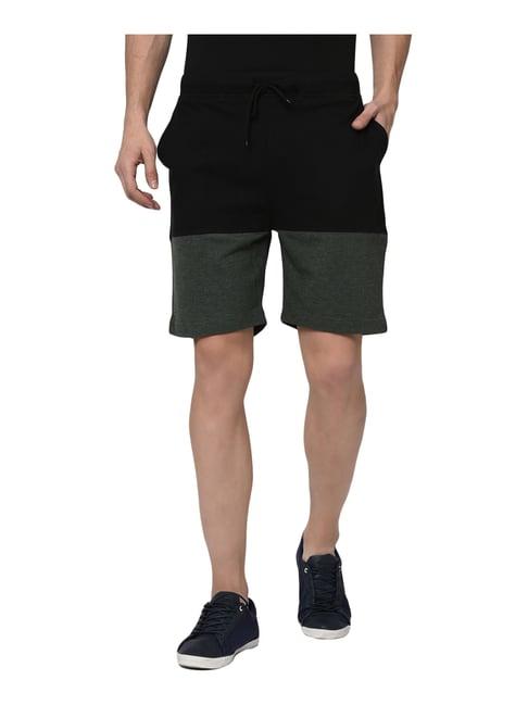 rigo black & green cotton regular fit colour block shorts