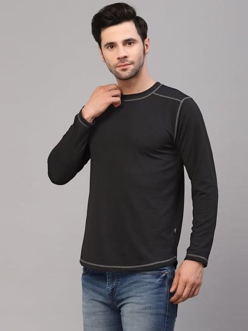 rigo black slim fit self design crew t-shirt