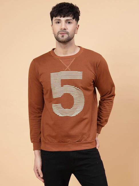 rigo brown regular fit printed round neck sweatshirt