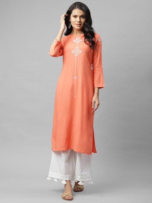 rigo coral printed straight kurta with mask