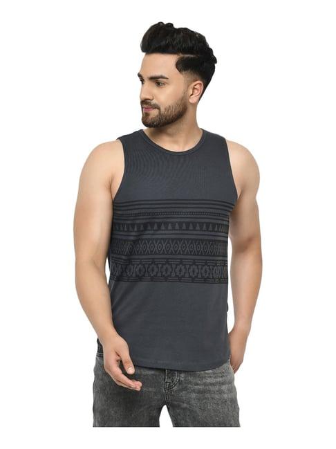 rigo dark grey cotton slim fit printed vest