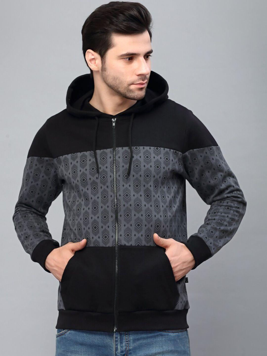 rigo geometric printed fleece front open hooded sweatshirts