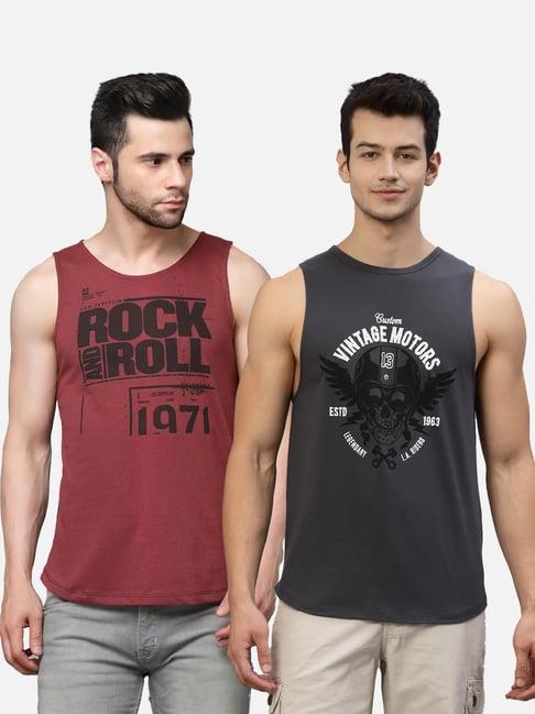 rigo maroon & grey slim fit printed sleeveless crew t-shirt - pack of 2