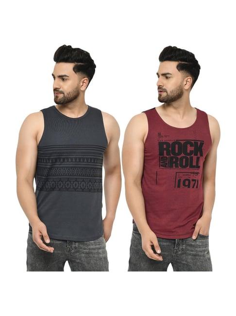 rigo men's multi-coloured cotton sleeveless slim fit t-shirt - pack of 2