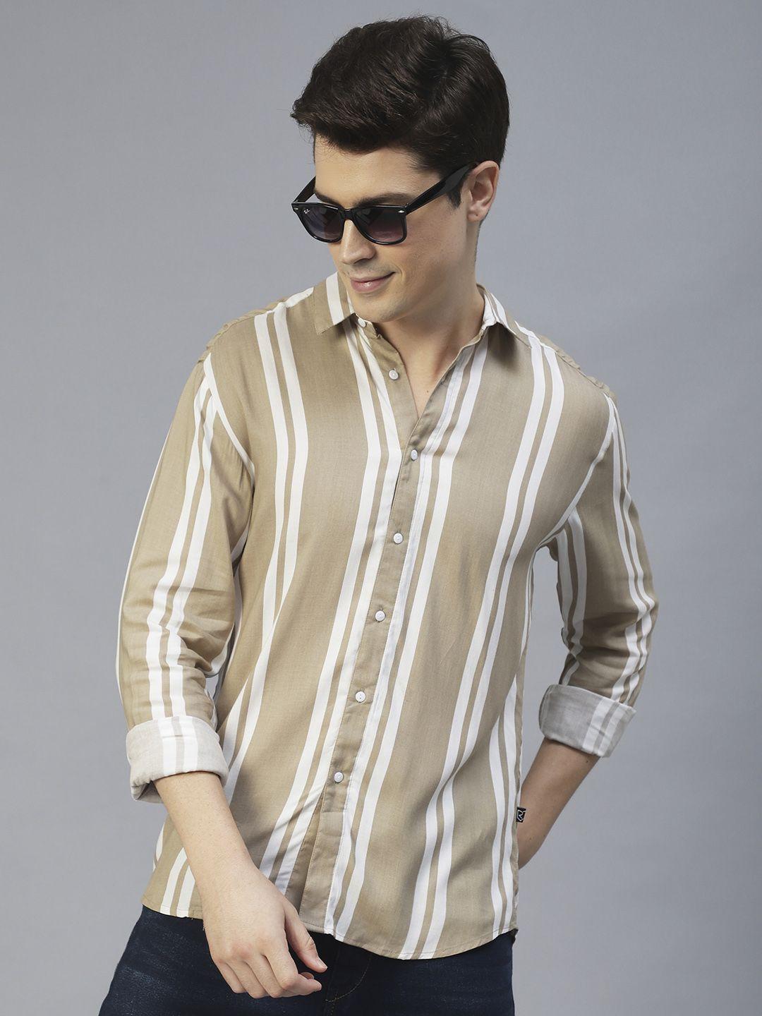 rigo men beige slim fit striped casual shirt