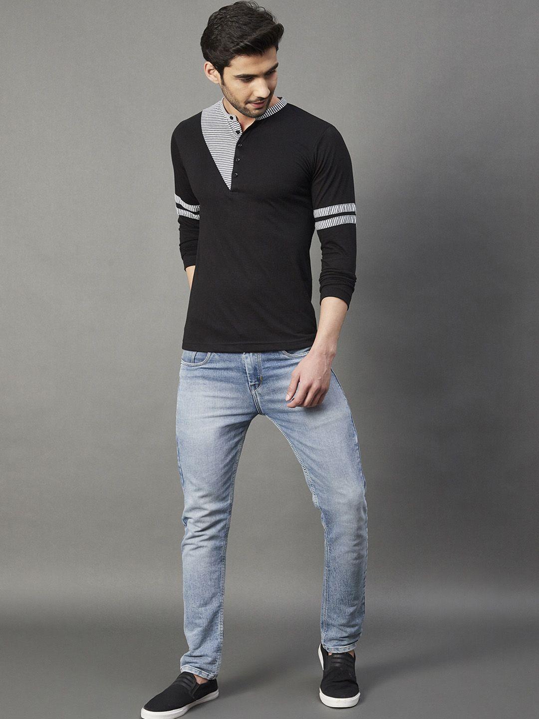 rigo men black & white striped henley neck slim fit t-shirt