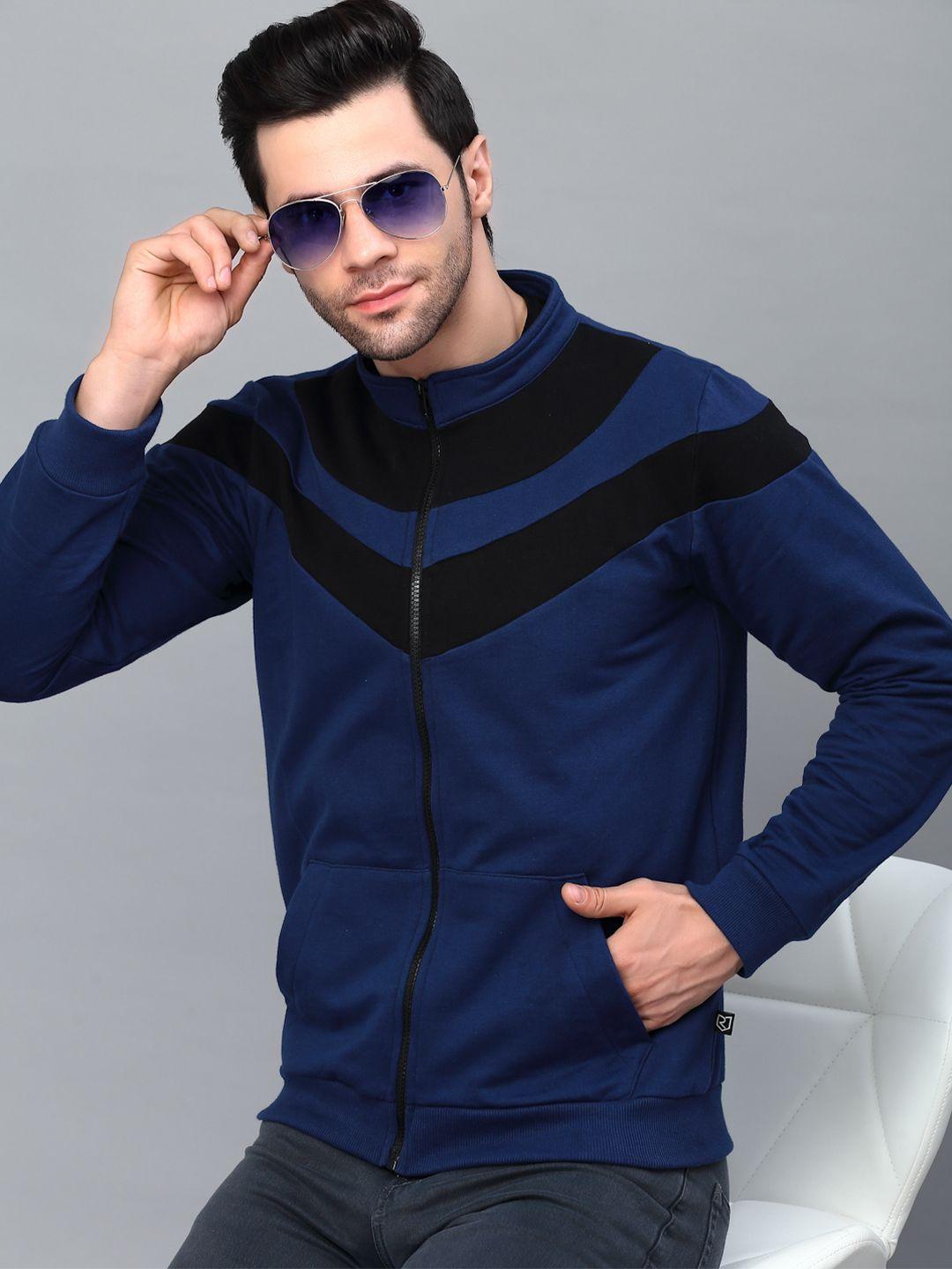 rigo men blue colourblocked fleece lightweight outdoor open front jacket