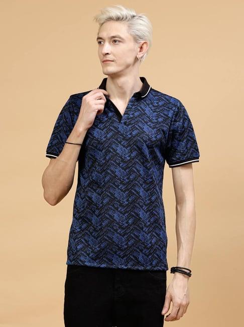 rigo men blue jacquard printed polo t-shirt