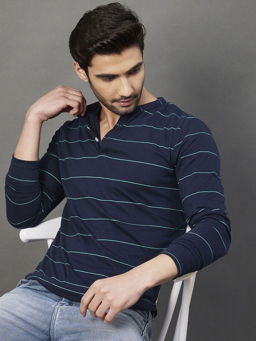 rigo men blue striped henley neck slim fit cotton t-shirt