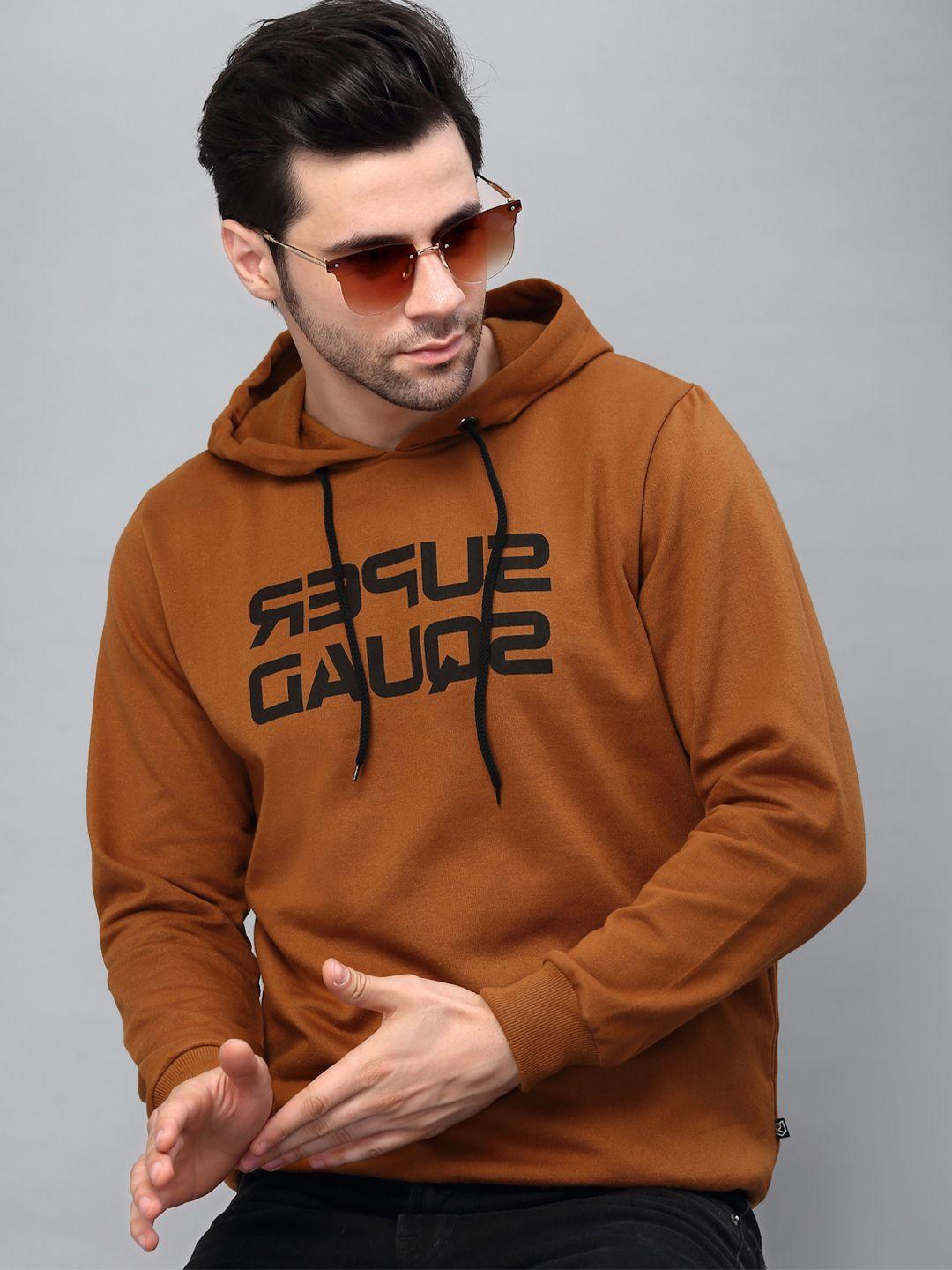 rigo men brown printed hooded fleece  sweatshirt