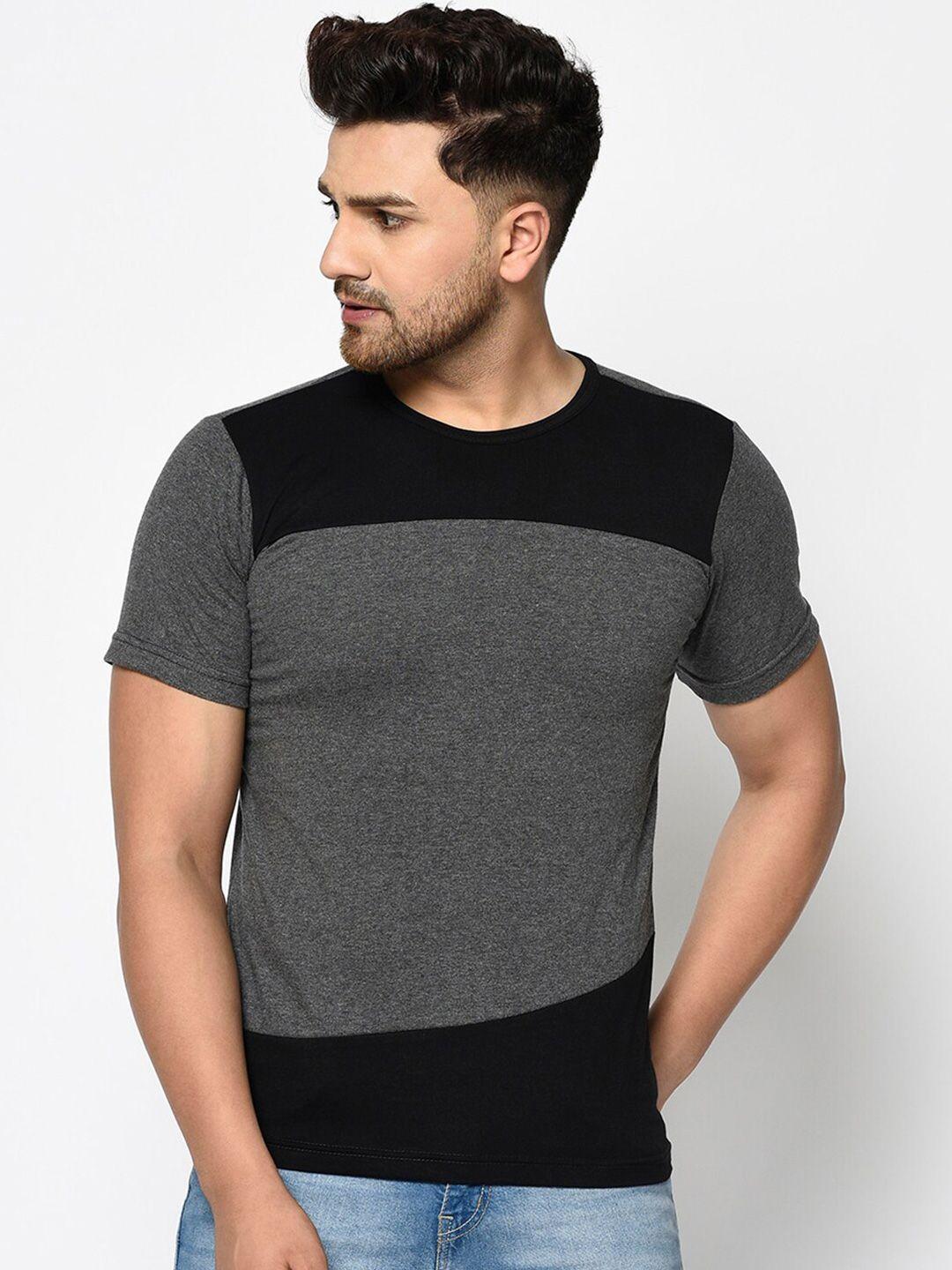 rigo men charcoal grey & white colourblocked round neck t-shirt