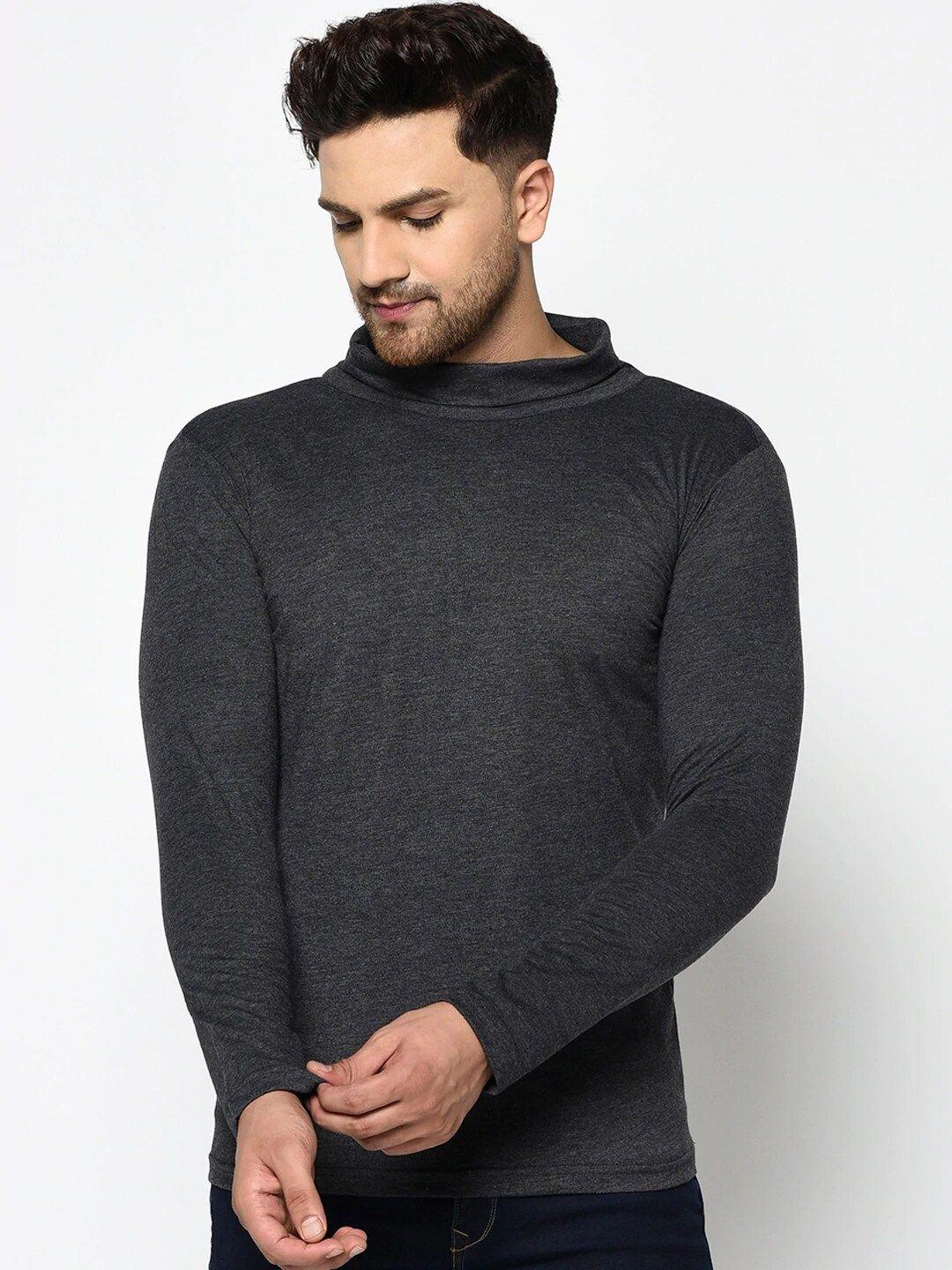 rigo men charcoal grey solid turtle neck t-shirt