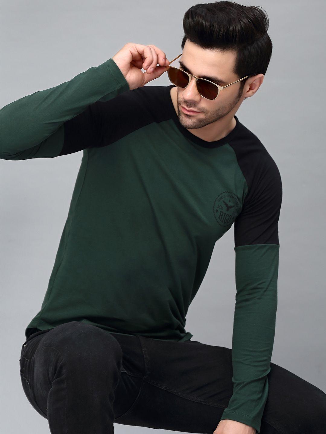 rigo men green & black colourblocked round neck cotton slim fit t-shirt