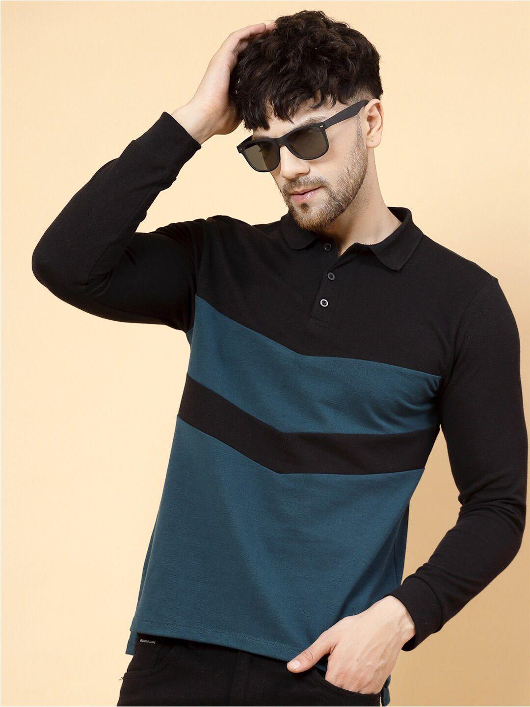 rigo men green colourblocked polo collar slim fit t-shirt