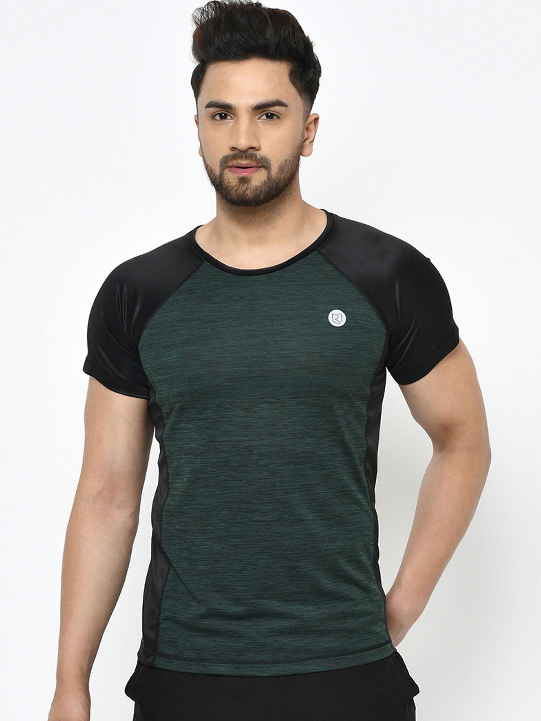 rigo men green colourblocked running round neck t-shirt