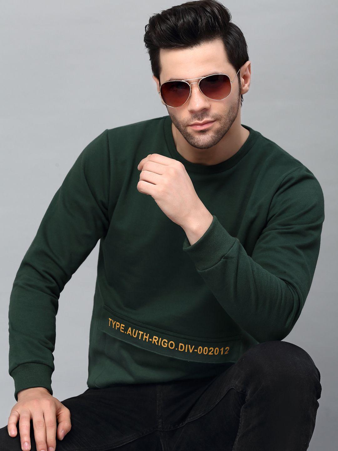 rigo men green printed  fleece pullover sweatshirt