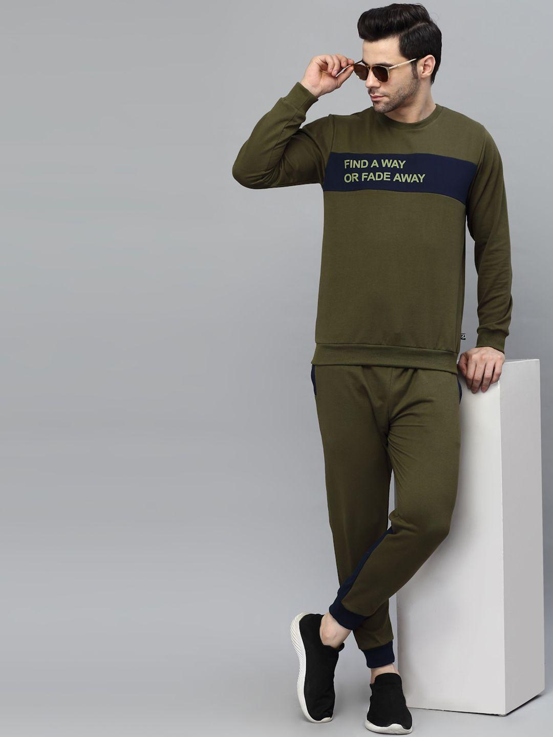 rigo men green typography round neck long sleeves printed tracksuits