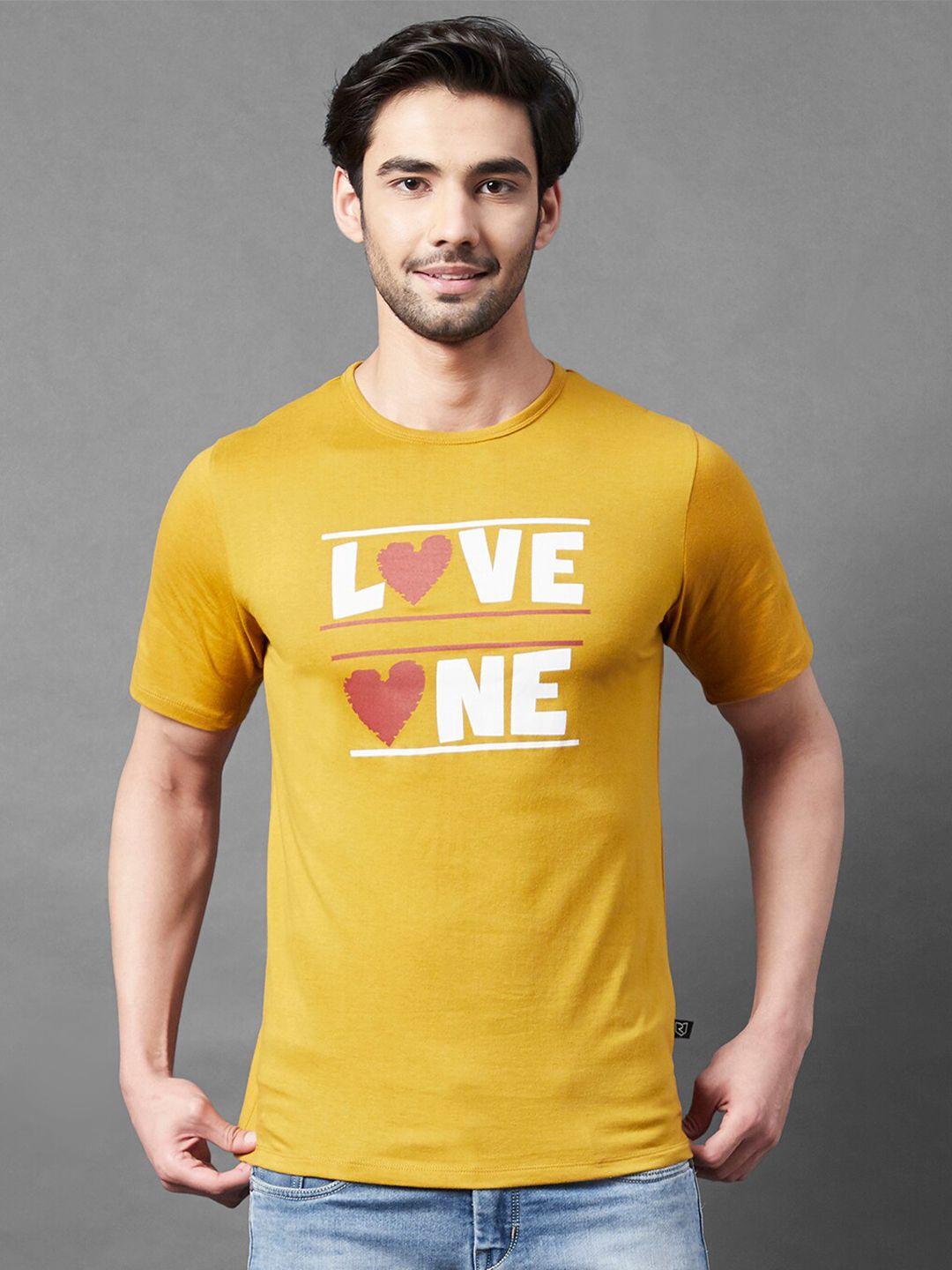 rigo men mustard yellow typography printed slim fit t-shirt