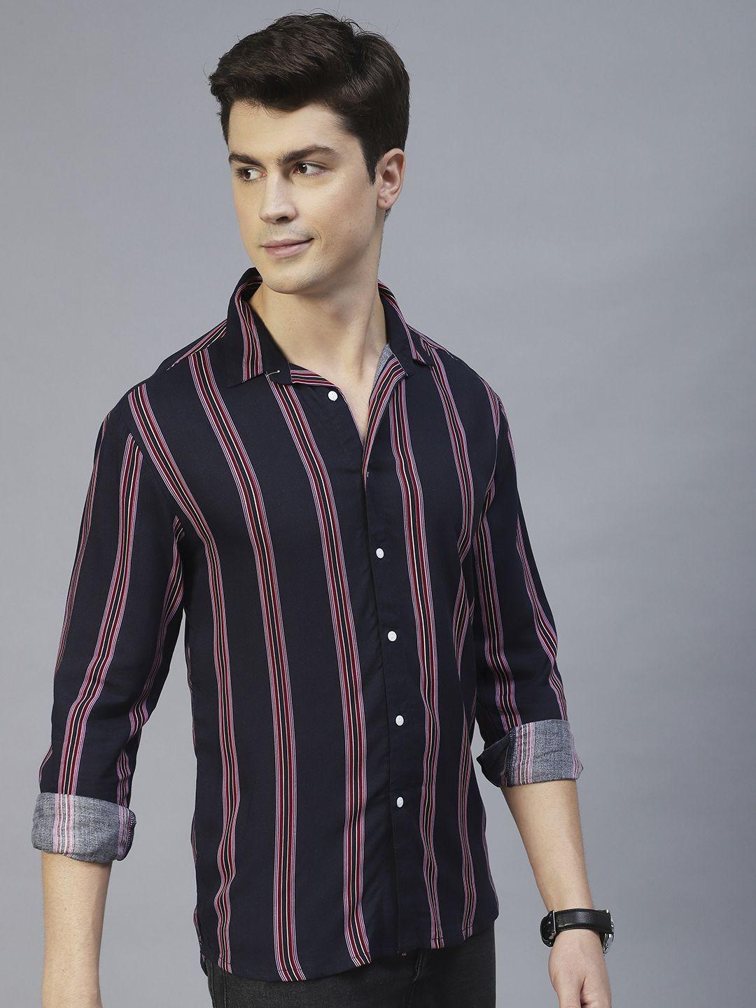 rigo men navy blue & maroon striped slim fit casual shirt