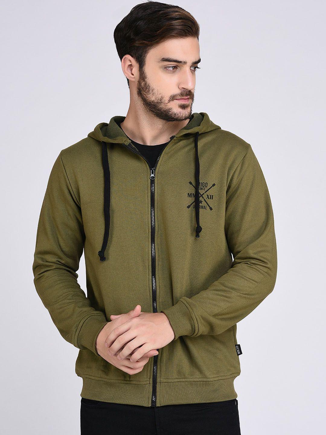 rigo men olive green front open hooded sweatshirt