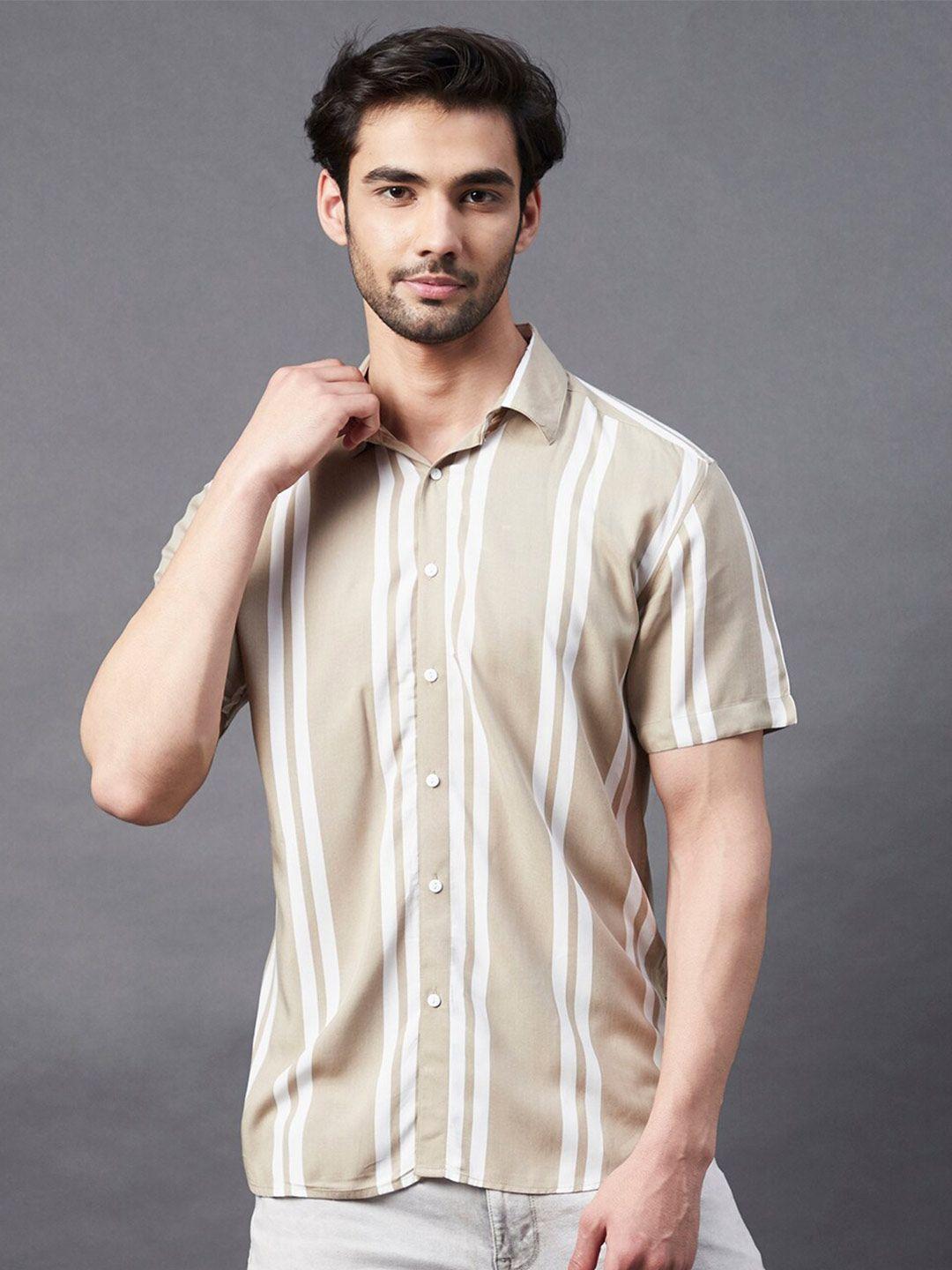 rigo men peach-coloured comfort slim fit opaque striped casual shirt