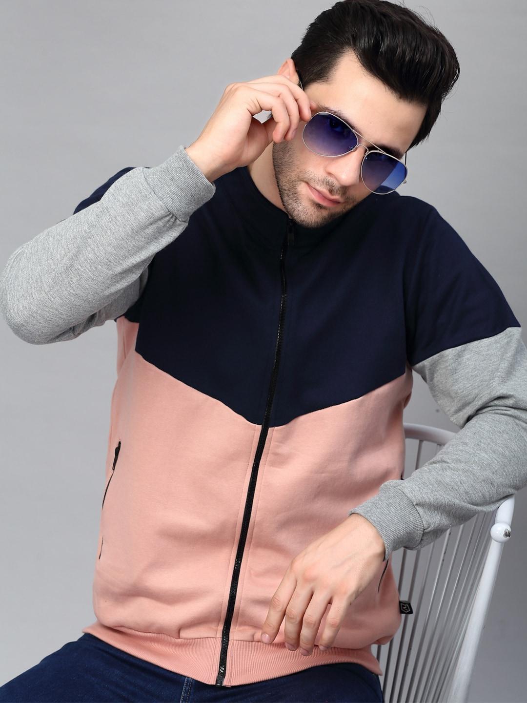 rigo men pink colourblocked fleece lightweight outdoor open front jacket