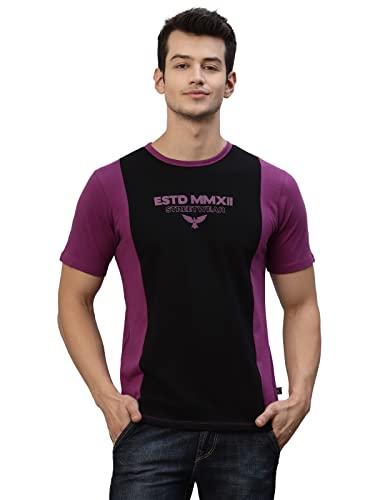 rigo men purple black printed vertical color block round neck half sleeve t-shirt