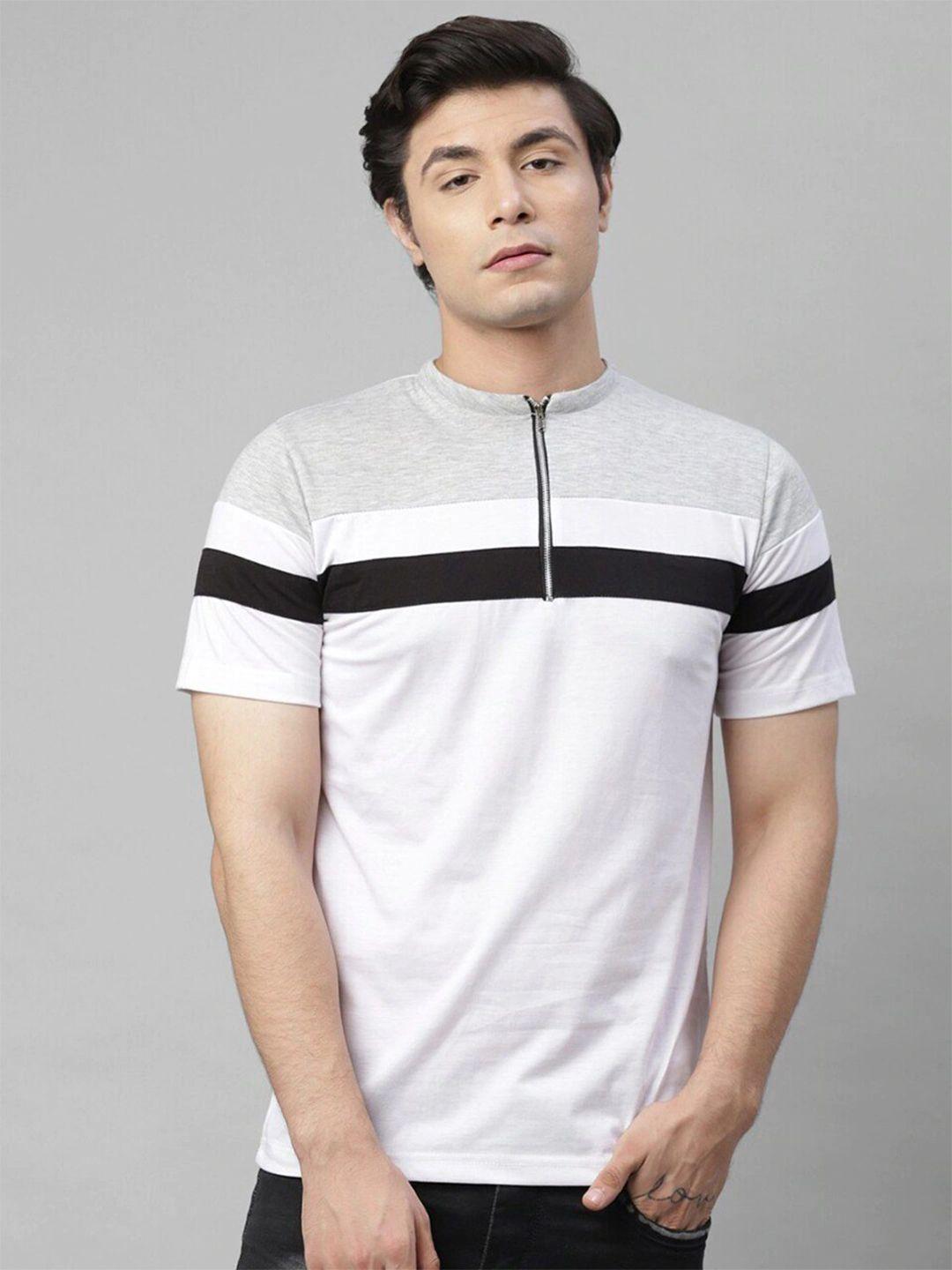 rigo men white striped mandarin collar slim fit t-shirt