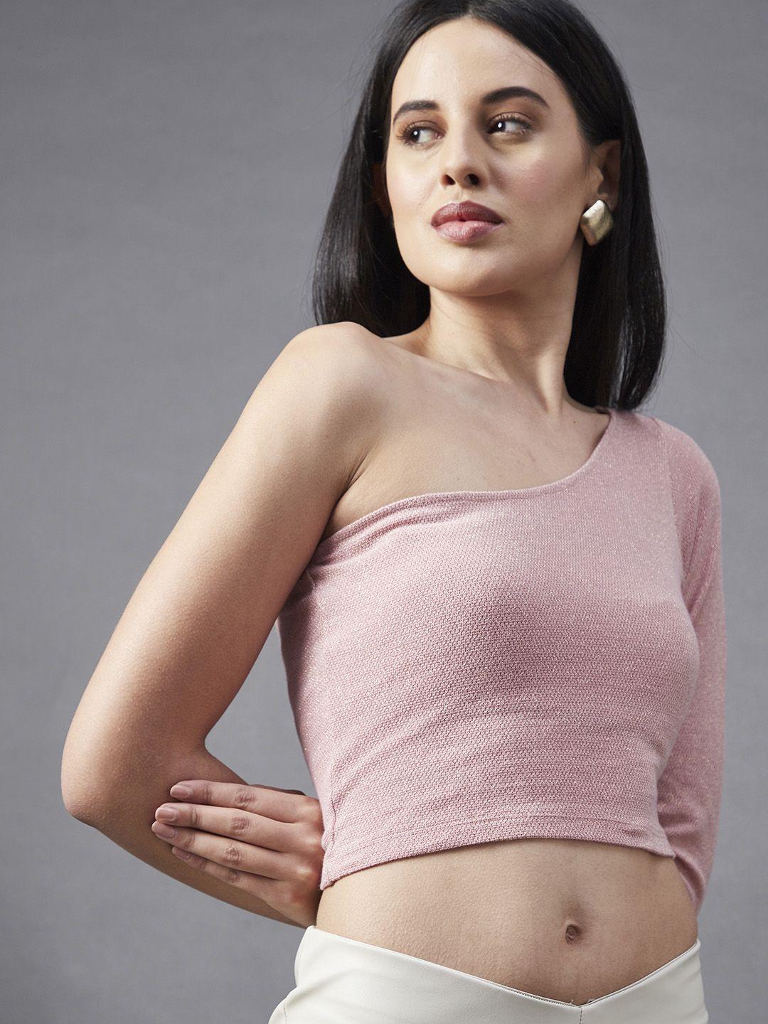 rigo peach-coloured one shoulder shimmering cotton crop top