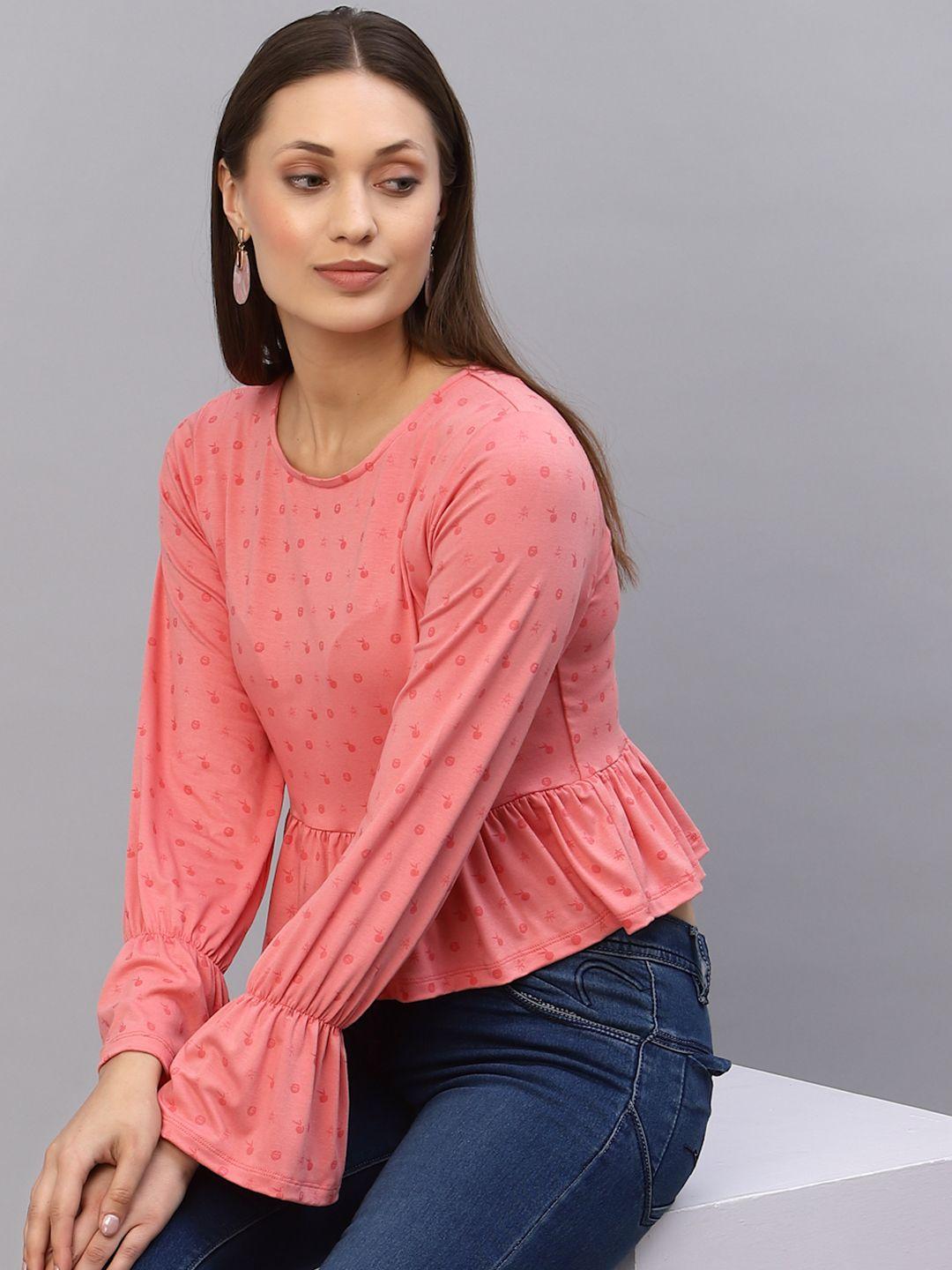 rigo peach-coloured printed pure cotton peplum top