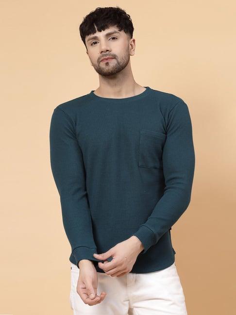 rigo teal regular fit textured crew t-shirt