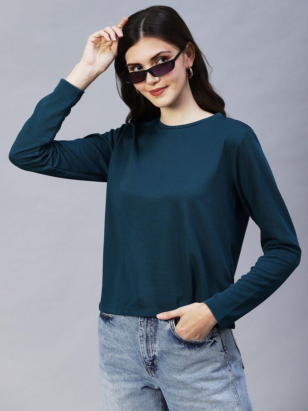 rigo woman round neck full sleeves poly corduroy top