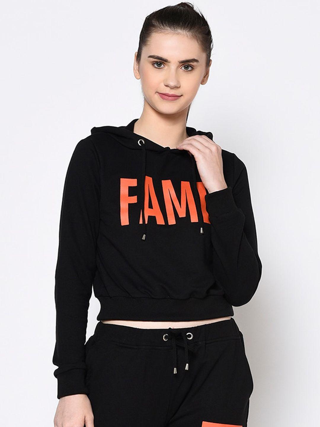 rigo women black & orange printed crop hooded sweatshirt