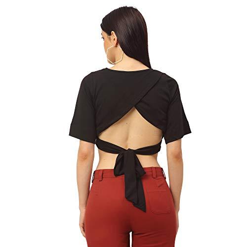 rigo women black back design round neck cotton half sleeve crop top