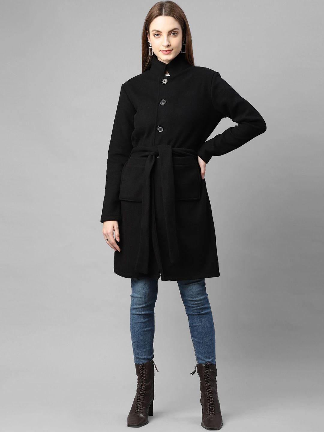 rigo women black solid regular overcoat