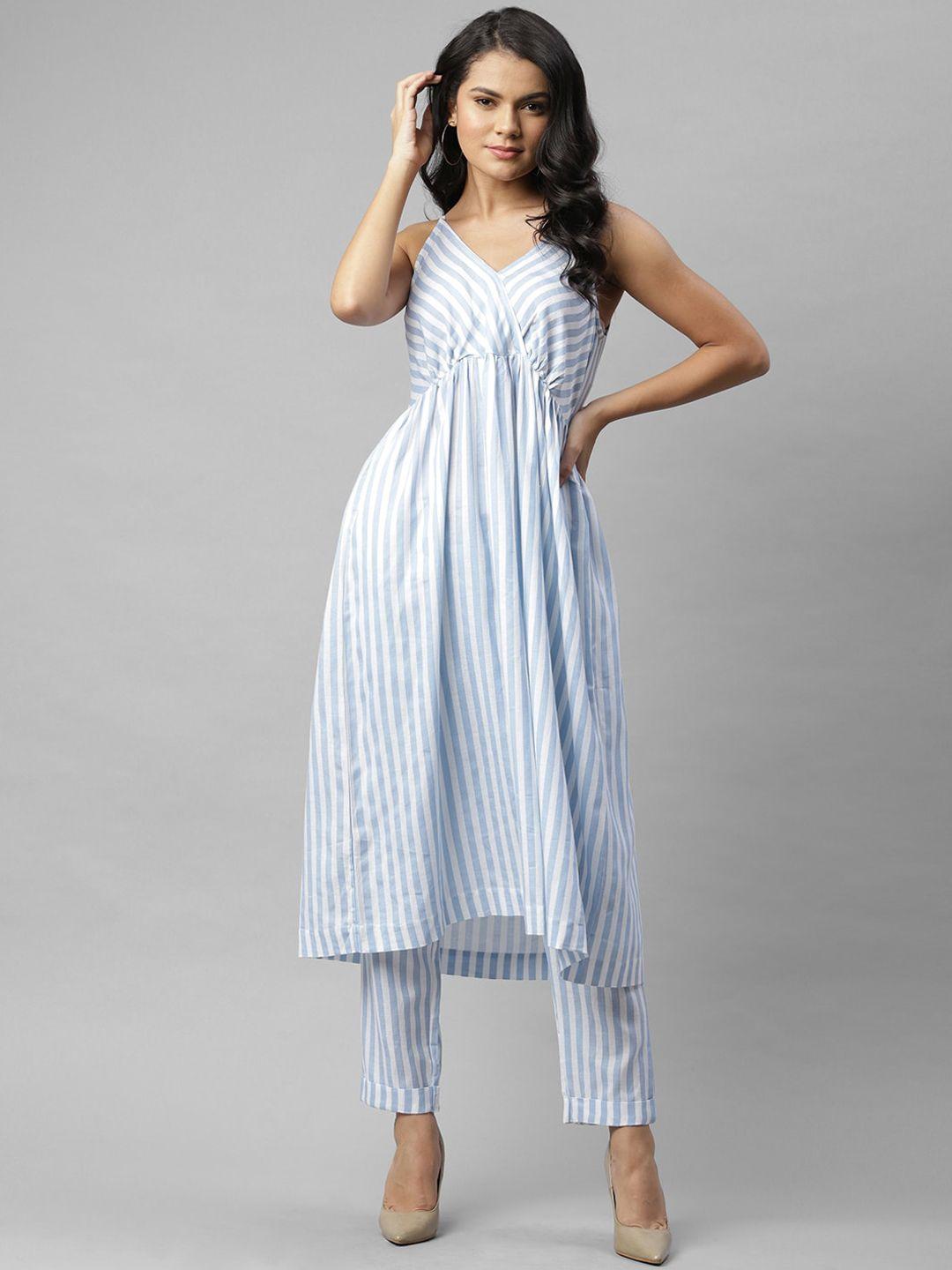 rigo women blue & white striped empire pure cotton kurta with trousers