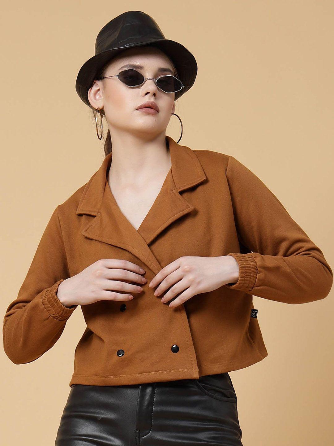 rigo women brown colourblocked fleece lightweight crop tailored jacket