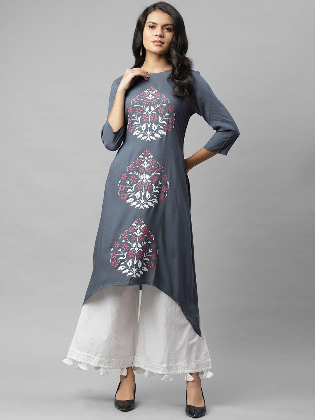 rigo women grey floral printed thread work kurta