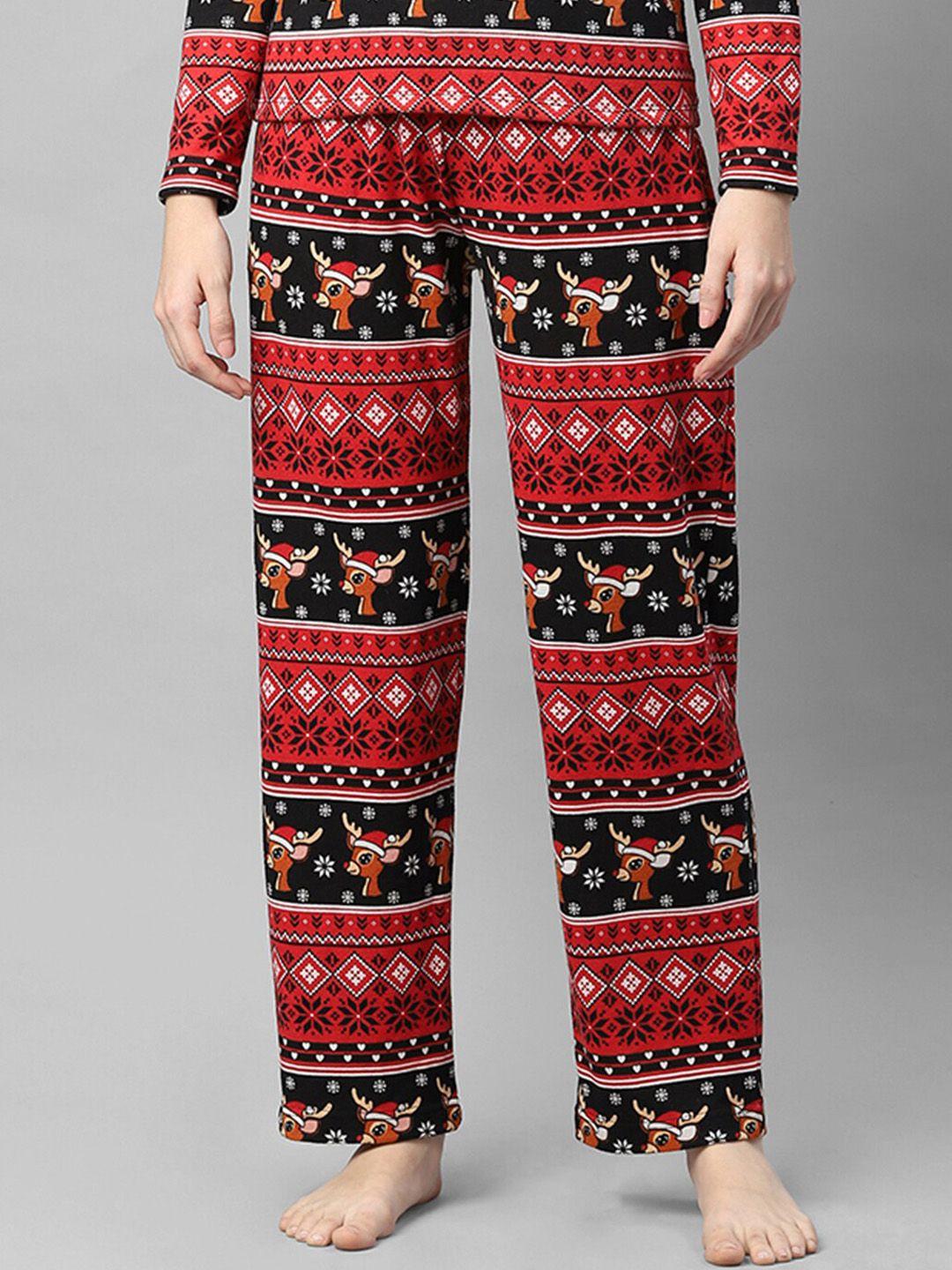 rigo women maroon & black printed cotton christmas lounge pants