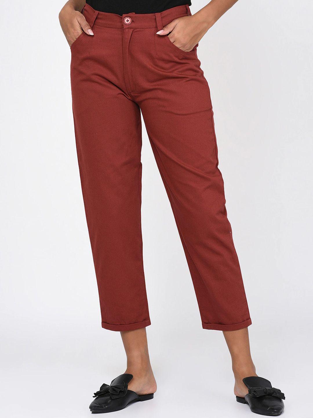 rigo women maroon comfort slim fit trousers